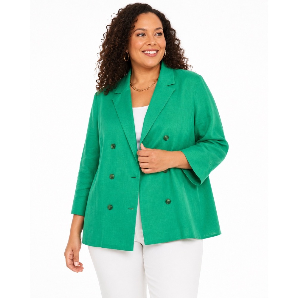 Talbots Plus Green 100% Linen Double Breasted Blazer Jacket 24W VN1184